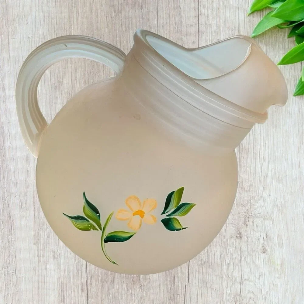 Vntg Hand Painted Strawberries Frosted Glass Juice Set 1950s Mid Century Modern